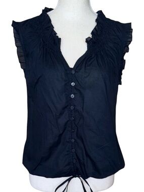 LOFT Midnight Navy Smocked Ruffle Neckline Top Flutter Sleeve Cotton Victorian